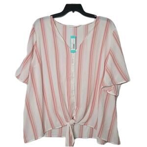 LUSH Krisantha Tie-Front Button Batwing Blouse Coral White Stripe Plus 3X New